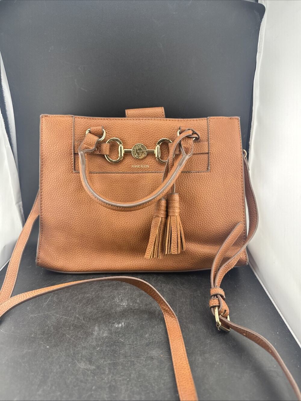 Anne Klein Horse Bit Satchel Crossbody Bag Brown Pebbled East West Tassel Purse